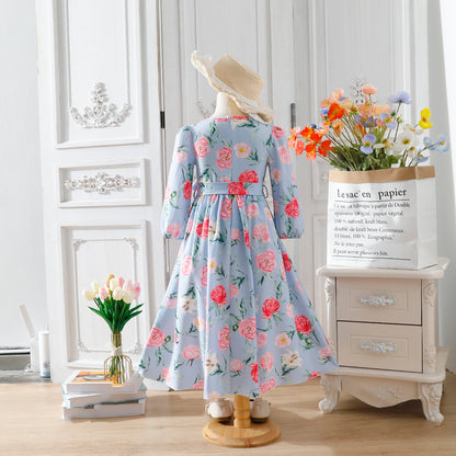 Girls' Long-Sleeve Floral Print Maxi Dress with Waist Bow Wholesale