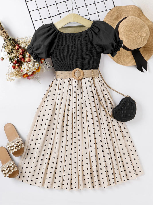 Girls' Polka Dot Pleated Midi Dress with Puff Sleeve Top Wholesale