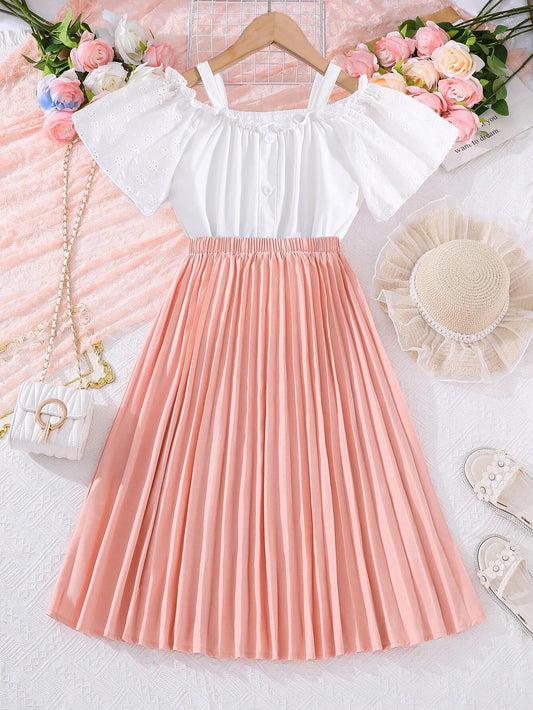 Girls' Off-Shoulder Eyelet Top & Pleated Skirt Set Wholesale