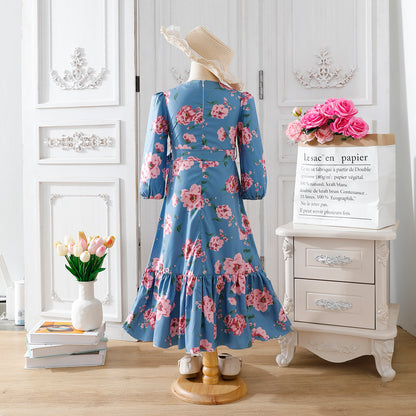 Girls' Blue Floral Long-Sleeve Maxi Dress with Waist Bow Wholesale