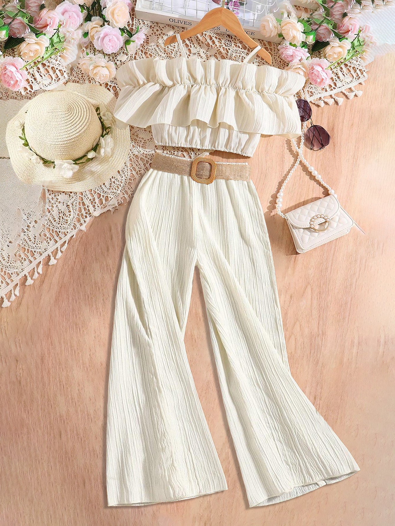 Chic Off-Shoulder Ruffle Top & Wide-Legged Pants Set Wholesale