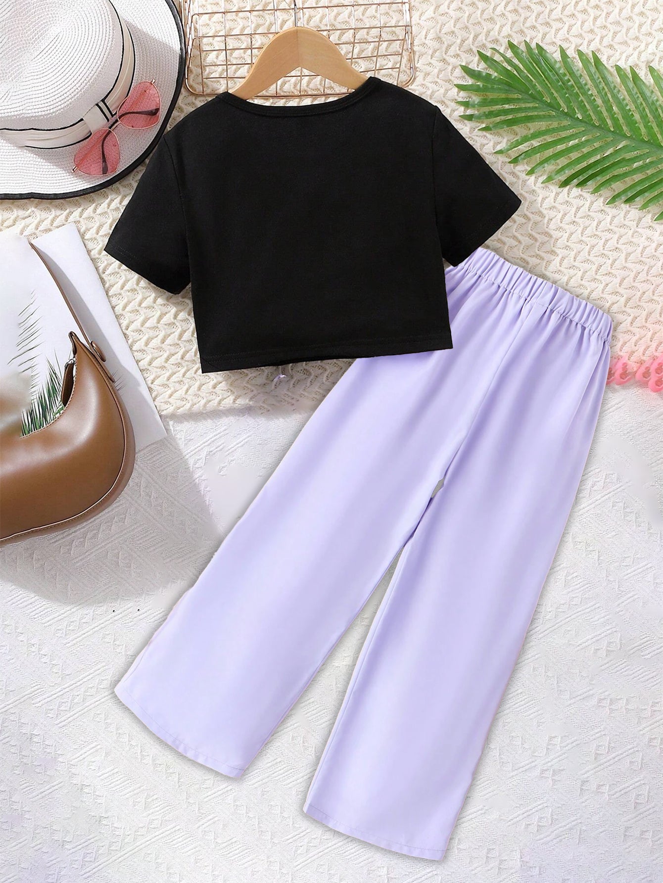 Girls' Casual Black Crop Top & Lilac Wide-Leg Pants Set Wholesale