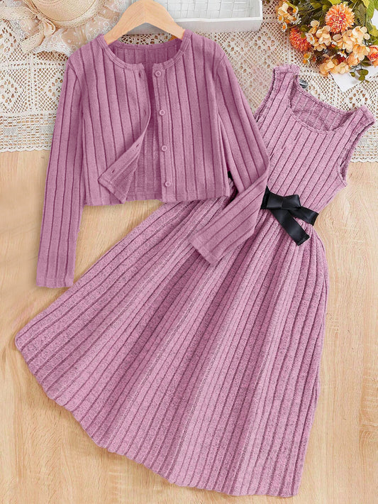 Elegant Ribbed Knit Dress & Cardigan Set for Girls Wholesale