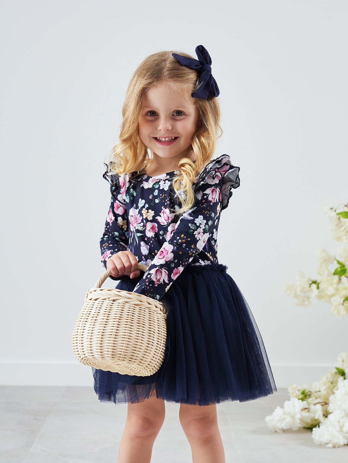 Girls' Floral Long-Sleeve Dress with Tulle Skirt Wholesale