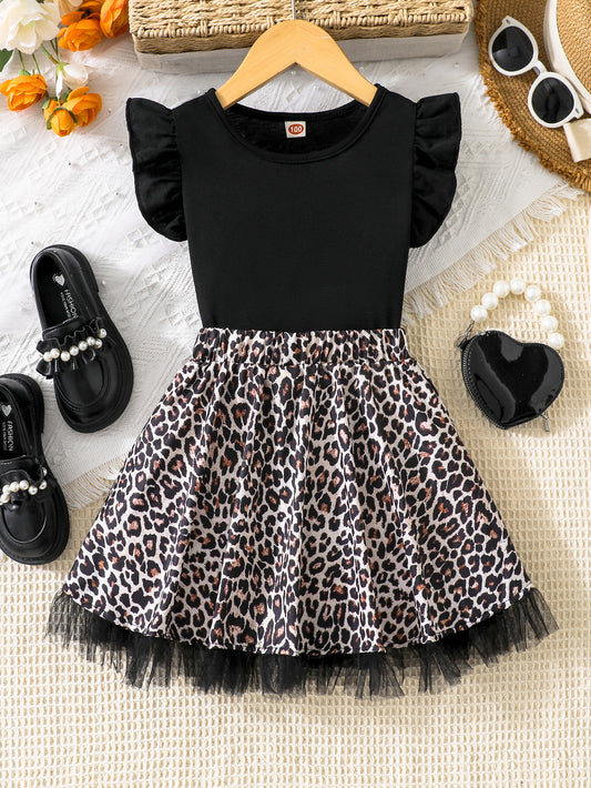 Girls' Black Top and Leopard Print Skirt Set Wholesale