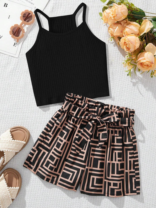 Trendy Ribbed Tank Top & Geometric Print Shorts Set