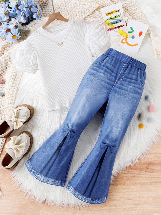 Girls' Puff Sleeve Top and Bow Flared Denim Pants Set Wholesale