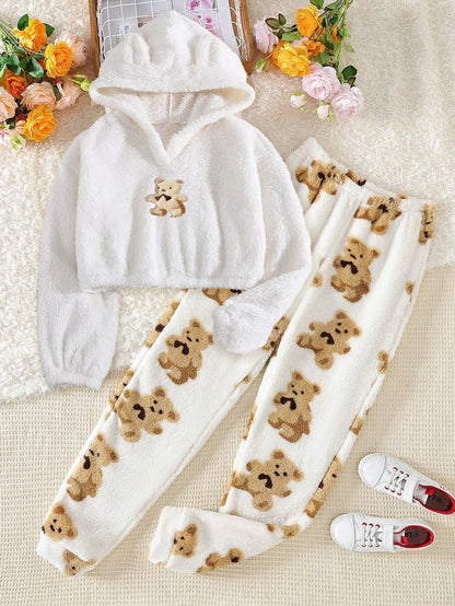 Cozy Girls' Teddy Bear Plush Hoodie and Jogger Set Wholesale