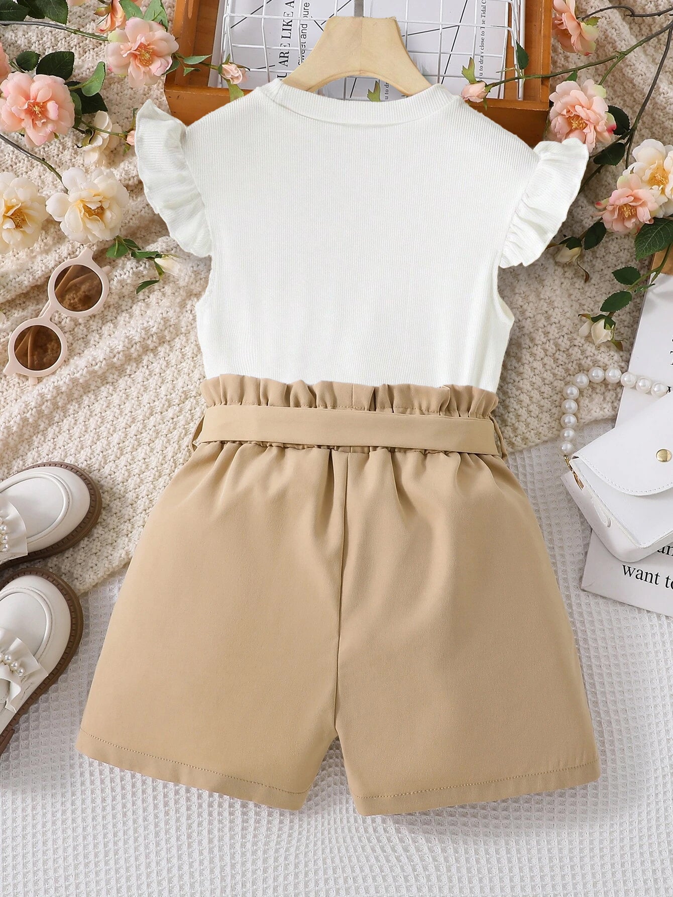 Girls' Ruffled Sleeve Top & Paperbag Waist Shorts Set Wholesale