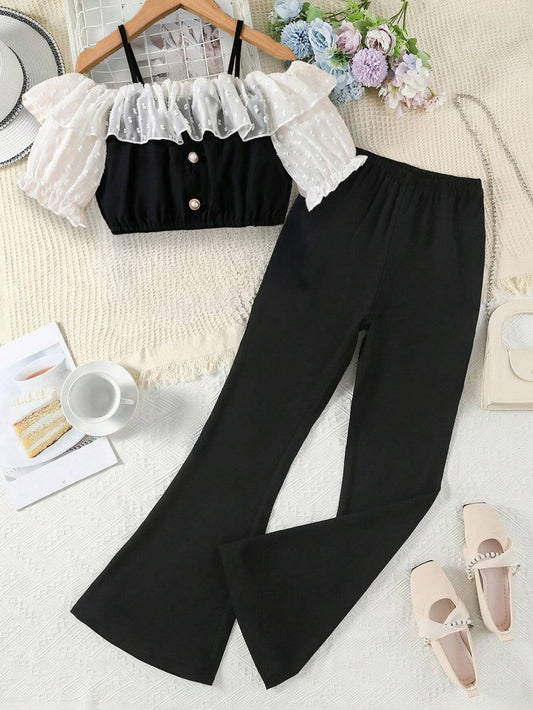 Girls' Chic Off-Shoulder Ruffle Top & Flare Pants Set Wholesale