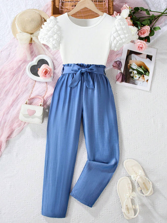 Girls' Puff Sleeve Top & High-Waisted Bow-Tie Pants Set Wholesale