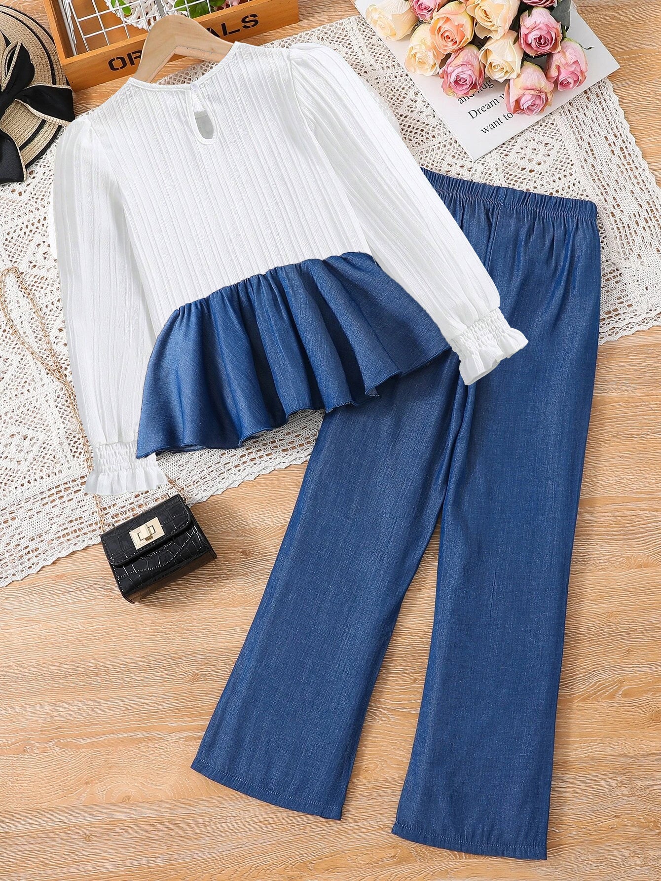 Girls' Denim Peplum Top and Wide-Leg Pants Set Wholesale