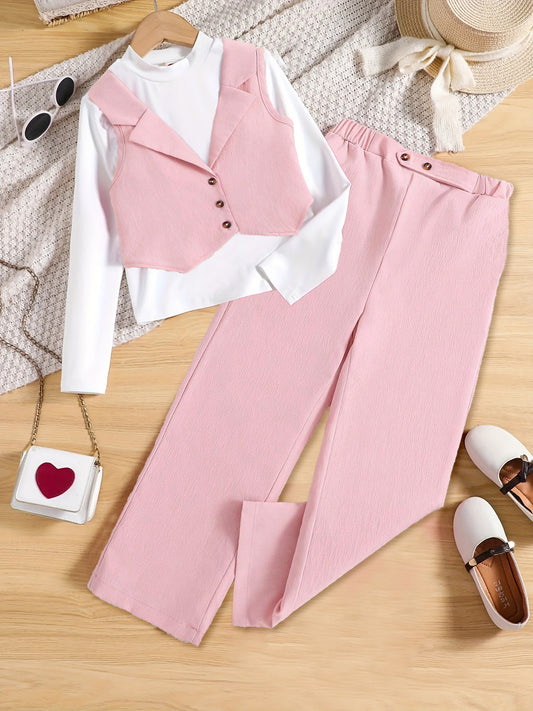 Girls' Three-Piece Pink Vest,Pants & Mock Neck Top Set Wholesale