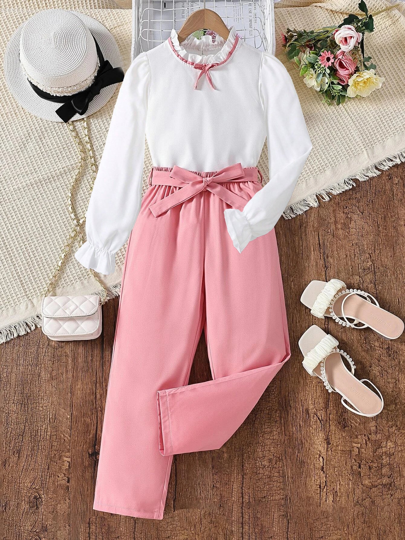 Elegant Girls' Ruffled Blouse & High-Waisted Pants Set Wholesale