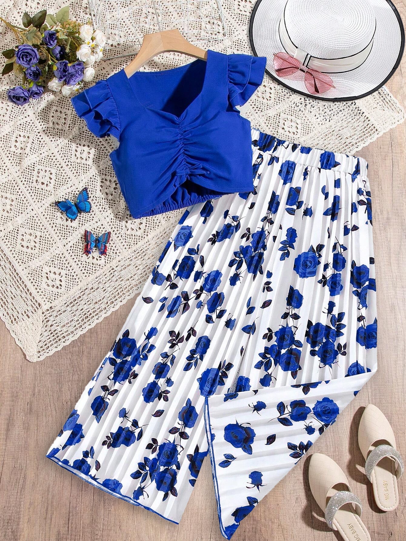 Elegant Blue Floral Two-Piece Set Wholesale