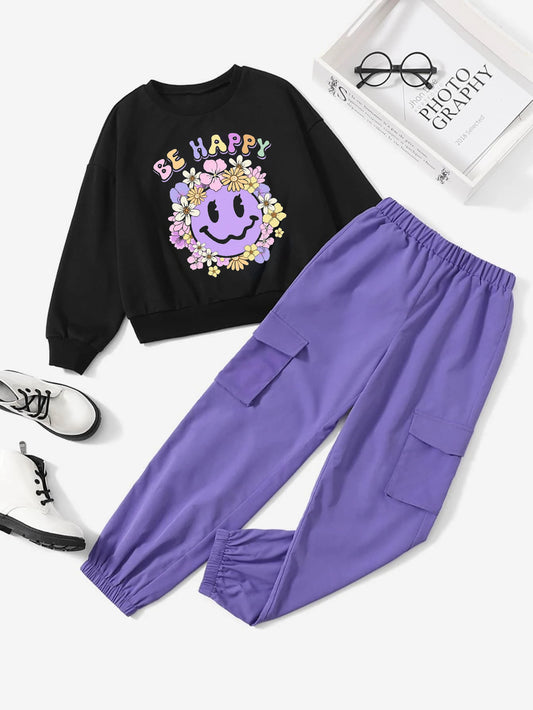 Girls' "Be Happy" Graphic Sweatshirt & Cargo Joggers Set Wholesale