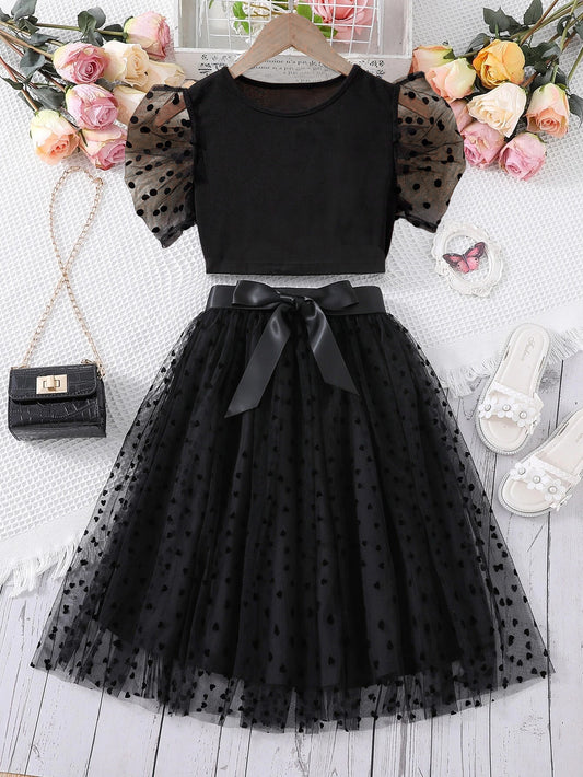 Girls' Polka Dot Mesh Puff Sleeve Top & Tulle Skirt Set Wholesale