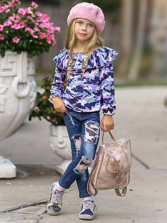 Girls' Camo Off-Shoulder Top & Faux Denim Pants Set Wholesale