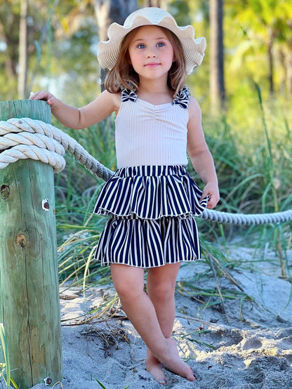 Girls' Nautical Striped Tiered Skirt Set Wholesale