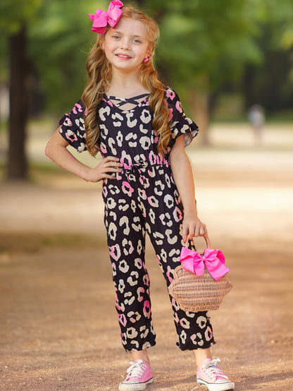 Girls' Pink & Black Leopard Print Ruffle Jumpsuit Wholesale