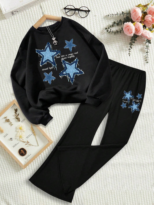 Trendy Girls' Starry Black Sweatshirt and Flare Pants Set