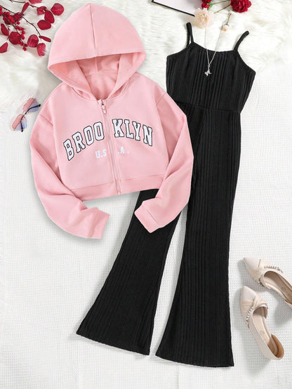 Girls' Cropped Hoodie & Ribbed Jumpsuit Set Wholesale