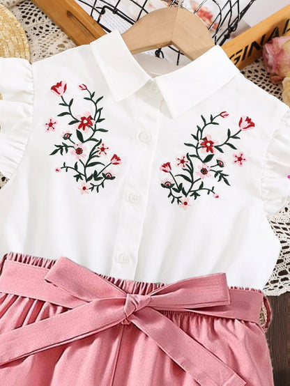 Girls' Embroidered Ruffle Blouse & Bow Pants Set Wholesale