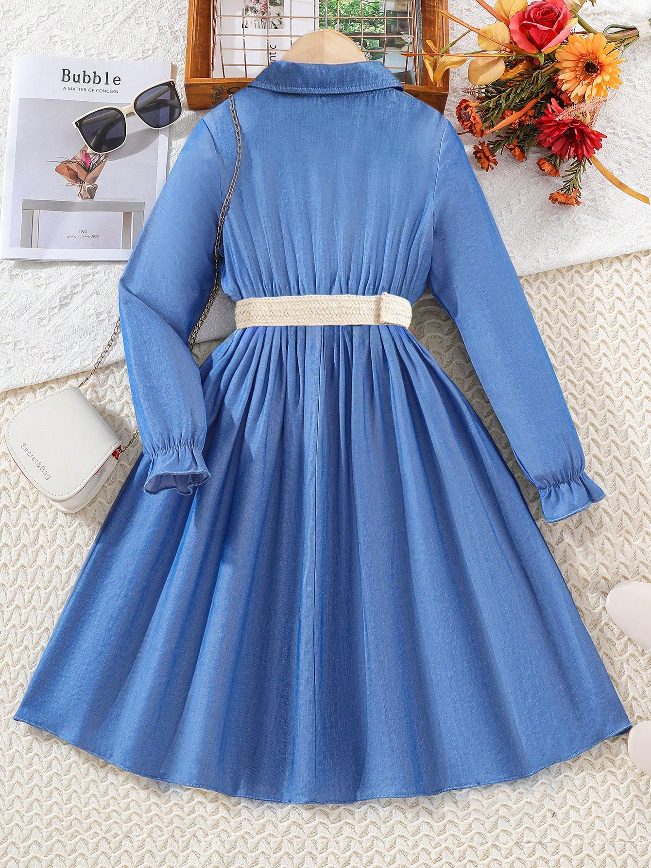 Girls' Long Sleeve Button-Down Denim Dress with Belt Wholesale