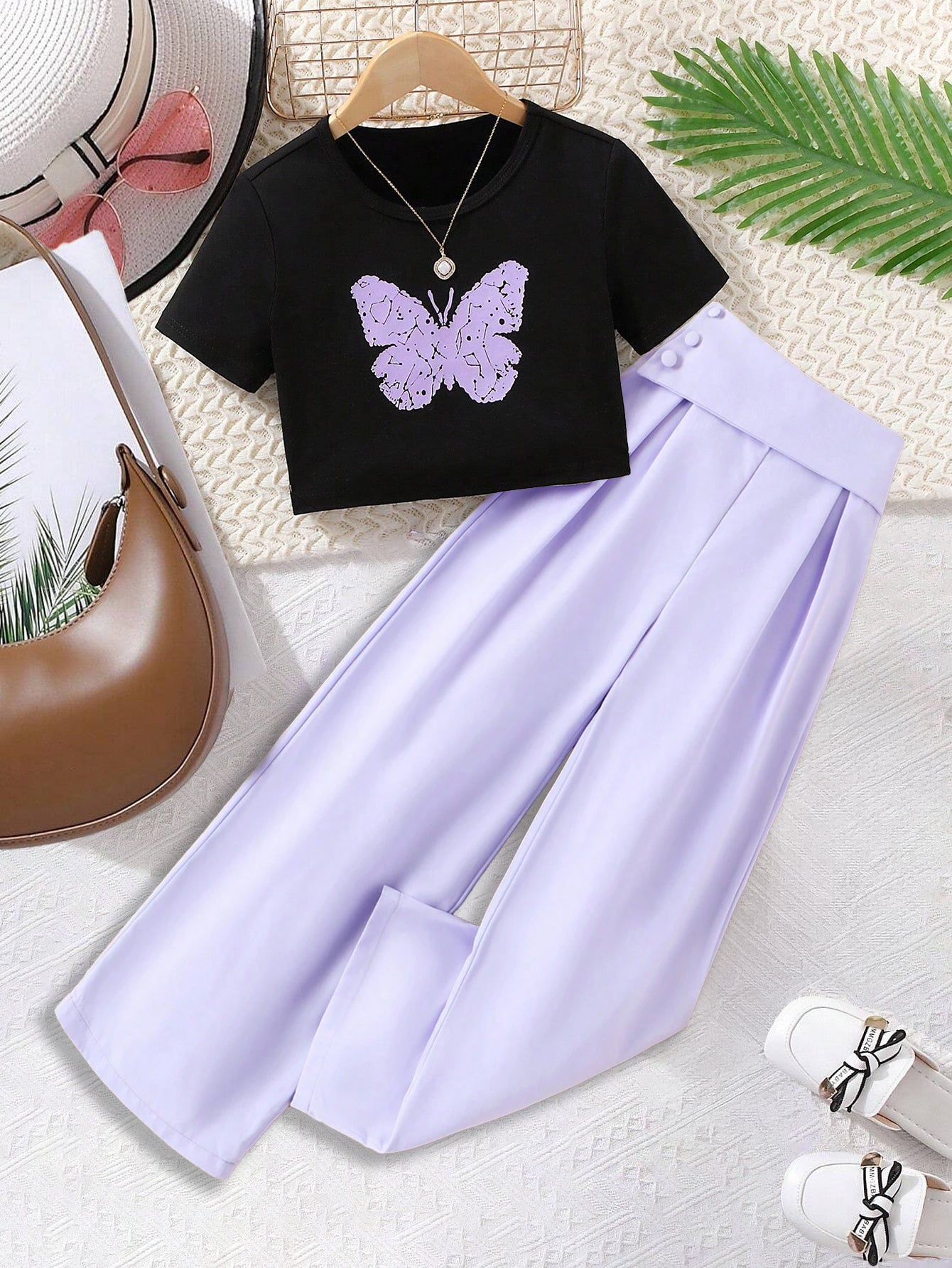 Girls' Casual Black Crop Top & Lilac Wide-Leg Pants Set Wholesale