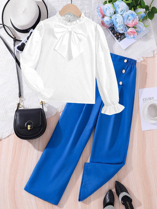 Stylish Girls' Ruffle-Sleeve Blouse & Wide-Leg Pants Set Wholesale