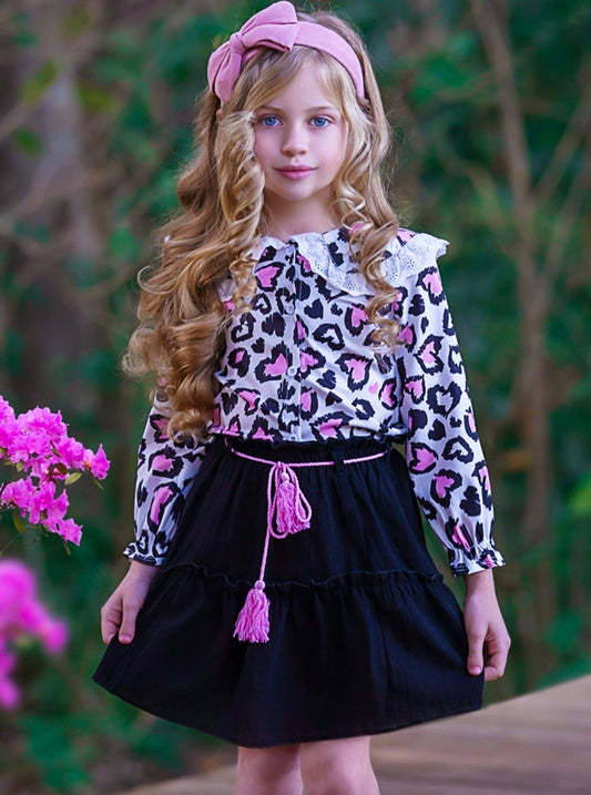 Girls' Leopard Print Top with Lace Collar and Black Skirt Wholesale