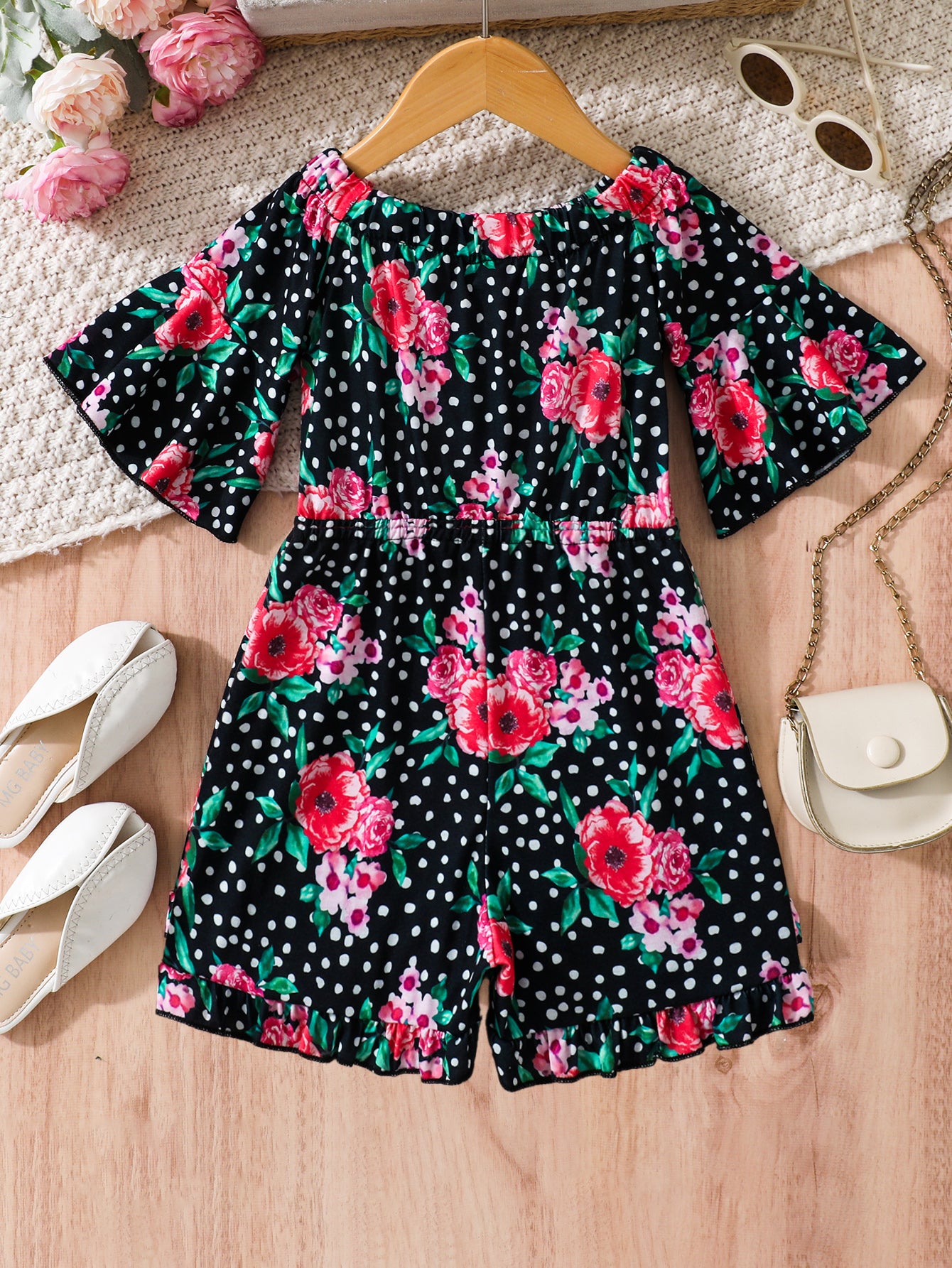 Floral Polka Dot Off-Shoulder Romper for Girls Wholesale