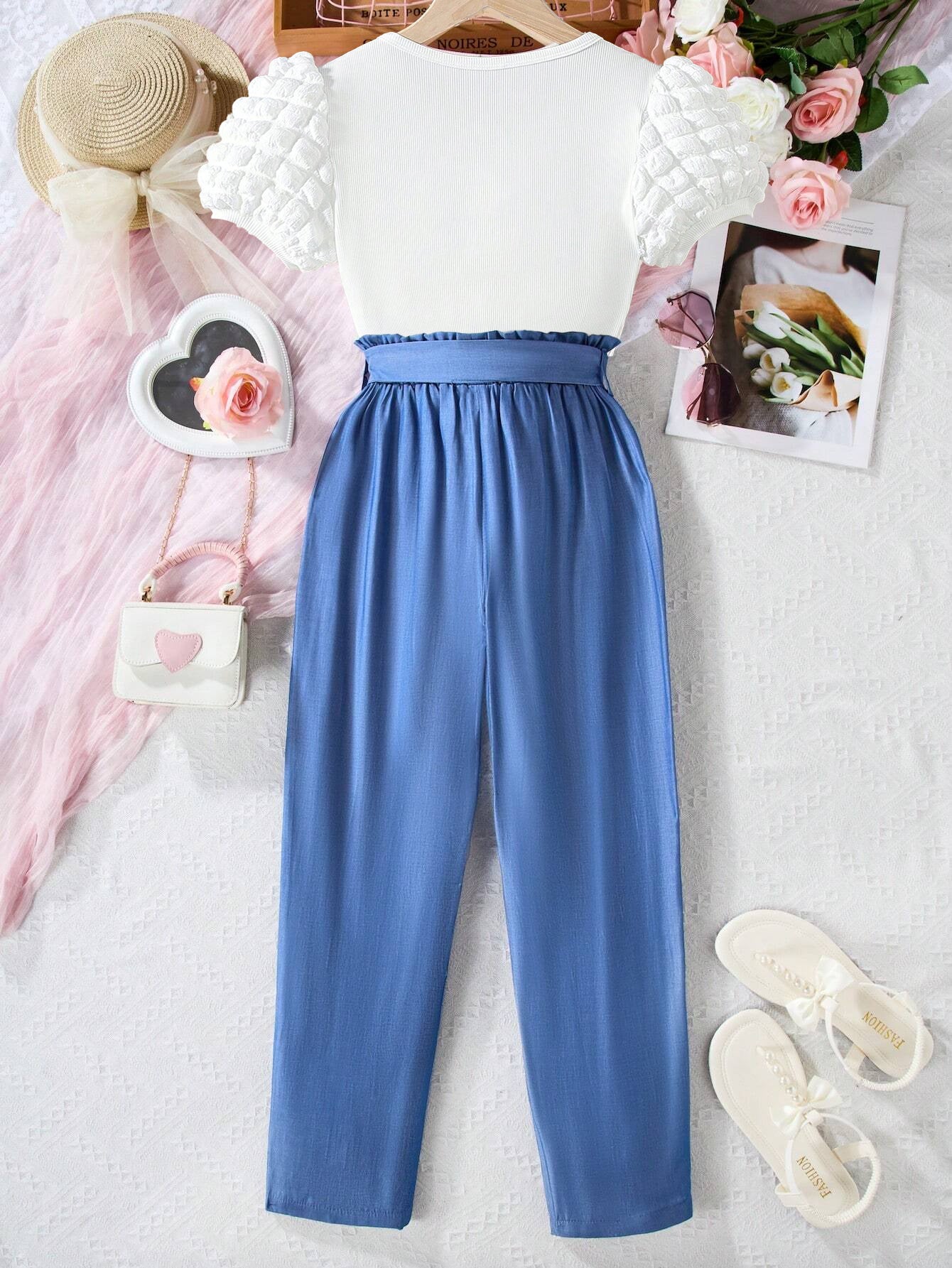 Girls' Puff Sleeve Top & High-Waisted Bow-Tie Pants Set Wholesale