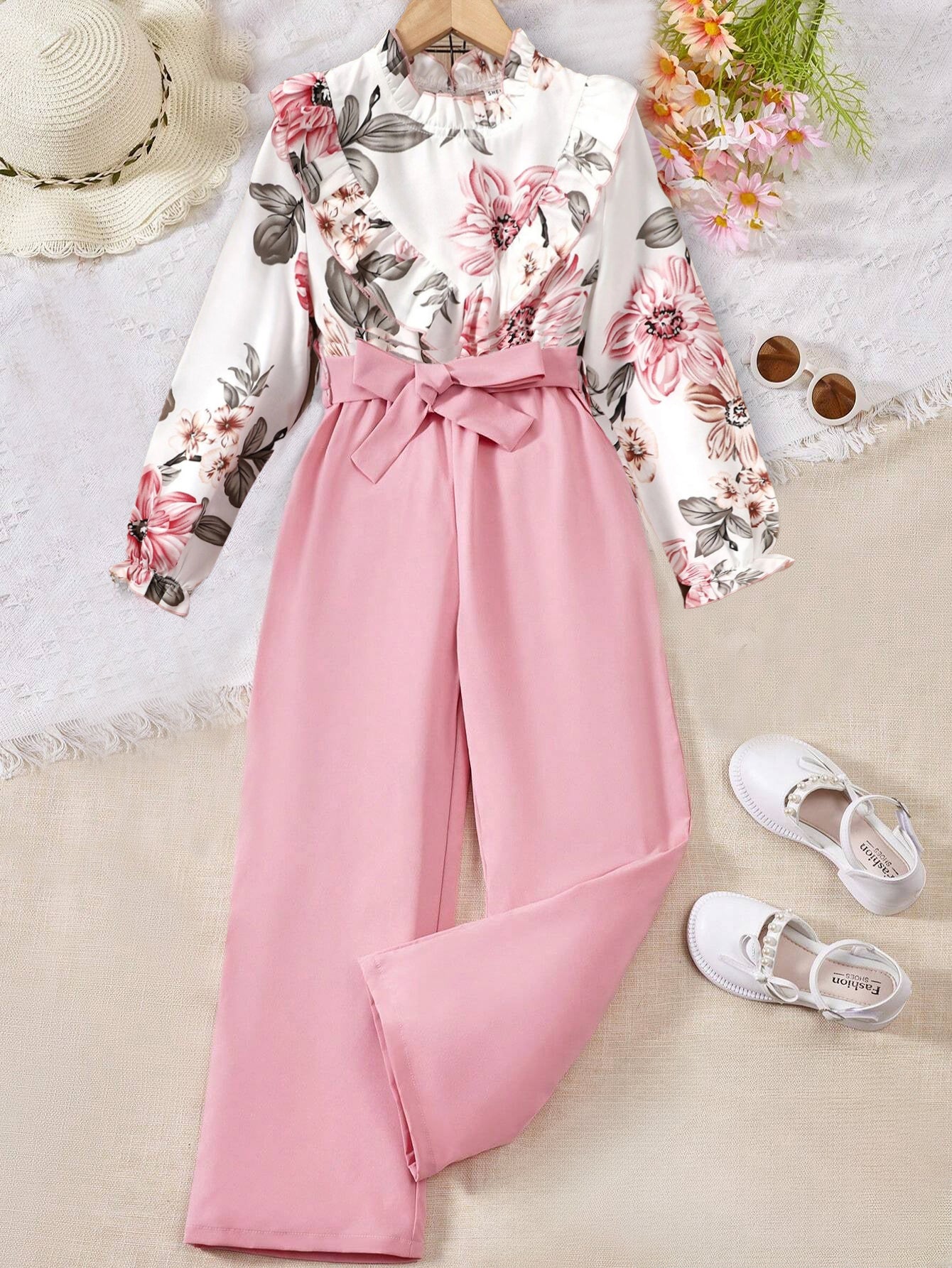 Girls' Floral Ruffle Top and High-Waisted Bow-Tied Pants Set Wholesale