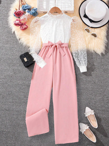 Girls' Sheer Heart Sleeve Blouse & High-Waisted Wide-Leg Pants Set Wholesale