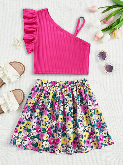 Girls' Floral Skirt and Hot Pink One-Shoulder Top Set Wholesale