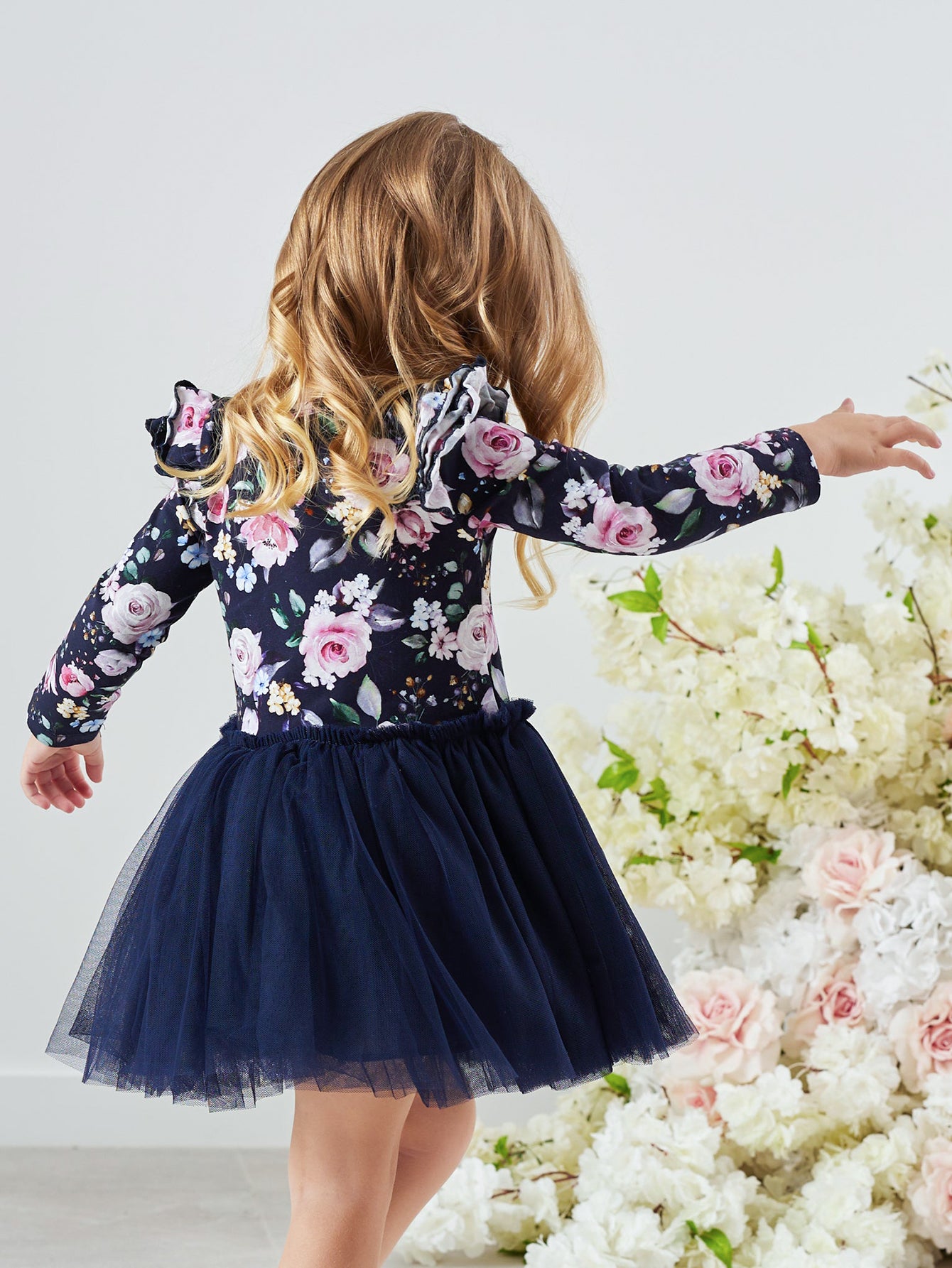 Girls' Floral Long-Sleeve Dress with Tulle Skirt Wholesale