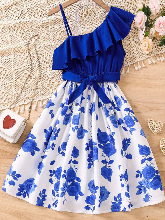 Royal Blue Rose One-Shoulder Ruffle Dress Wholesale