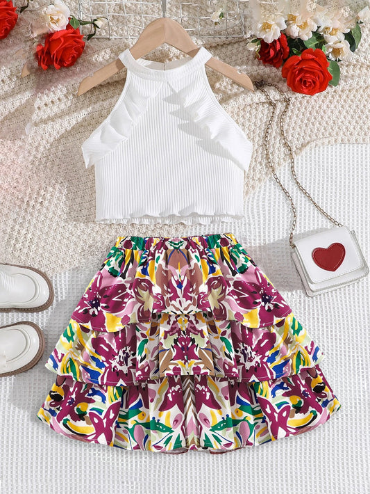 White Ruffle Halter Top & Floral Layered Skirt Set