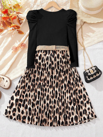 Girls'Puff-Sleeve Top & Leopard Print Skirt Dress Wholesale