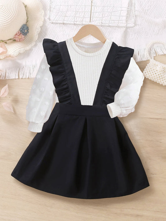 Girls' Ruffled Suspender Skirt & Polka Dot Mesh Sleeve Top Set Wholesale