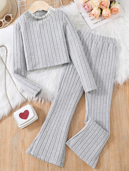 Girls' Cozy Ribbed Knit Two-Piece Set in Gray Wholesale