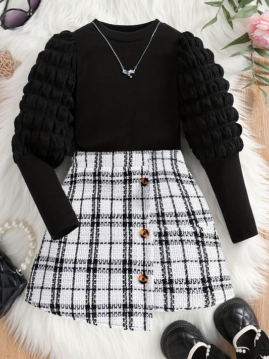 Elegant Puff Sleeve Top & Plaid Tweed Skirt Set for Girls Wholesale