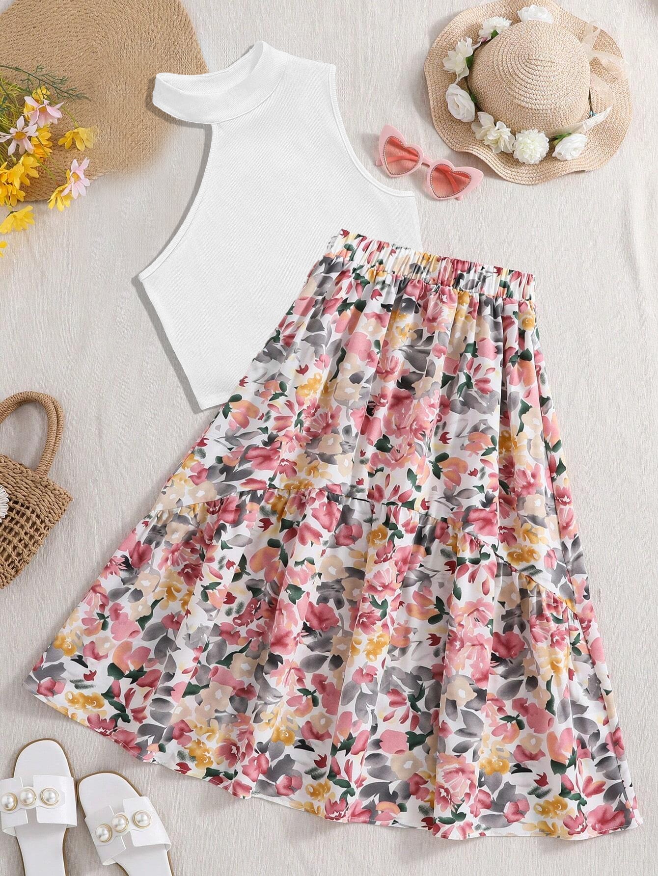 Girls' Floral Print A-Line Skirt & Sleeveless Top Set Wholesale