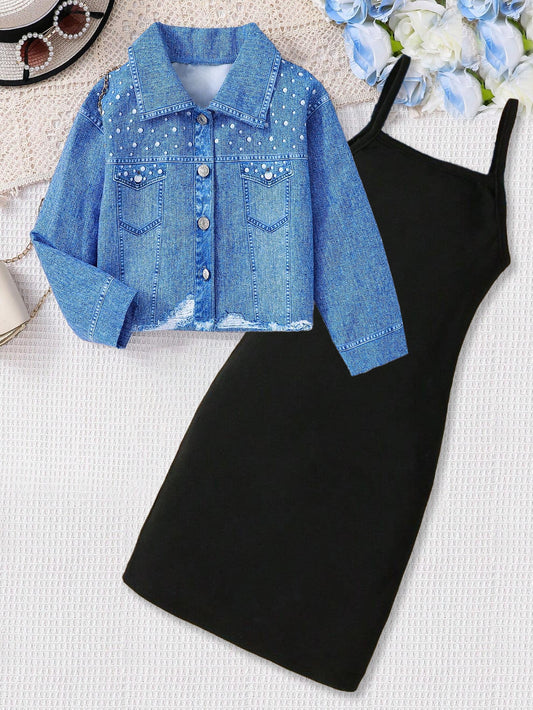 Chic Denim Jacket & Black Bodycon Dress Set for Girls Wholesale