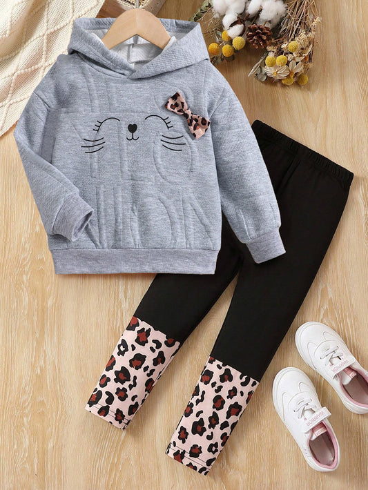 Cute Kitty Hoodie & Leopard Print Leggings Set for Girls Wholesale