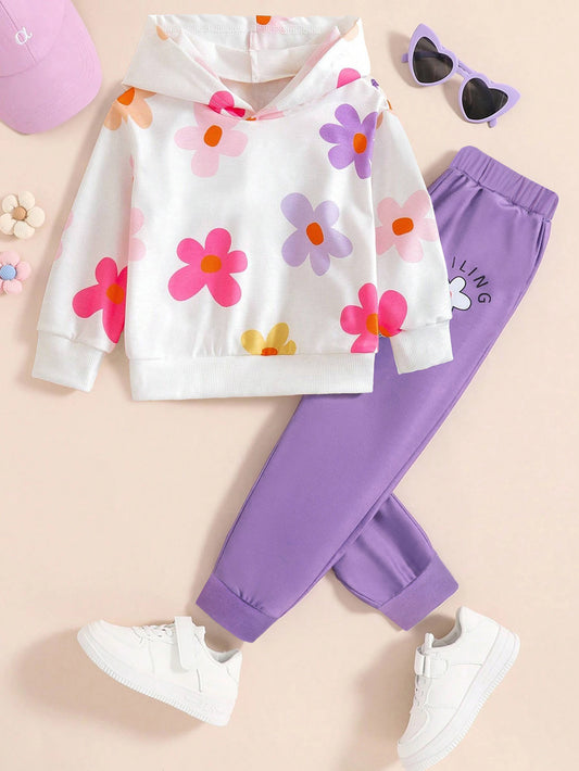 Trendy Toddler Girls' Floral Hoodie and Purple Jogger Set