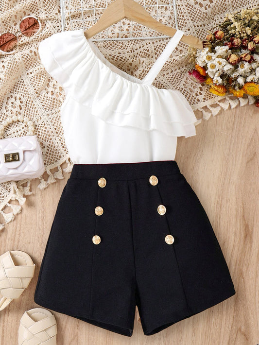 Girls' Off-Shoulder Ruffle Top & Gold-Buttoned Shorts Set Wholesale