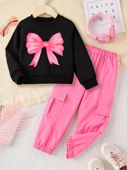 Chic Toddler Girls' Pink Bow Sweatshirt and Cargo Joggers Set Wholesale