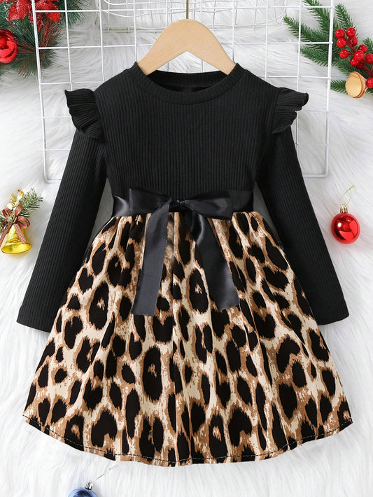 Girl Leopard Print Long Sleeve Dress with Ruffles Wholesale